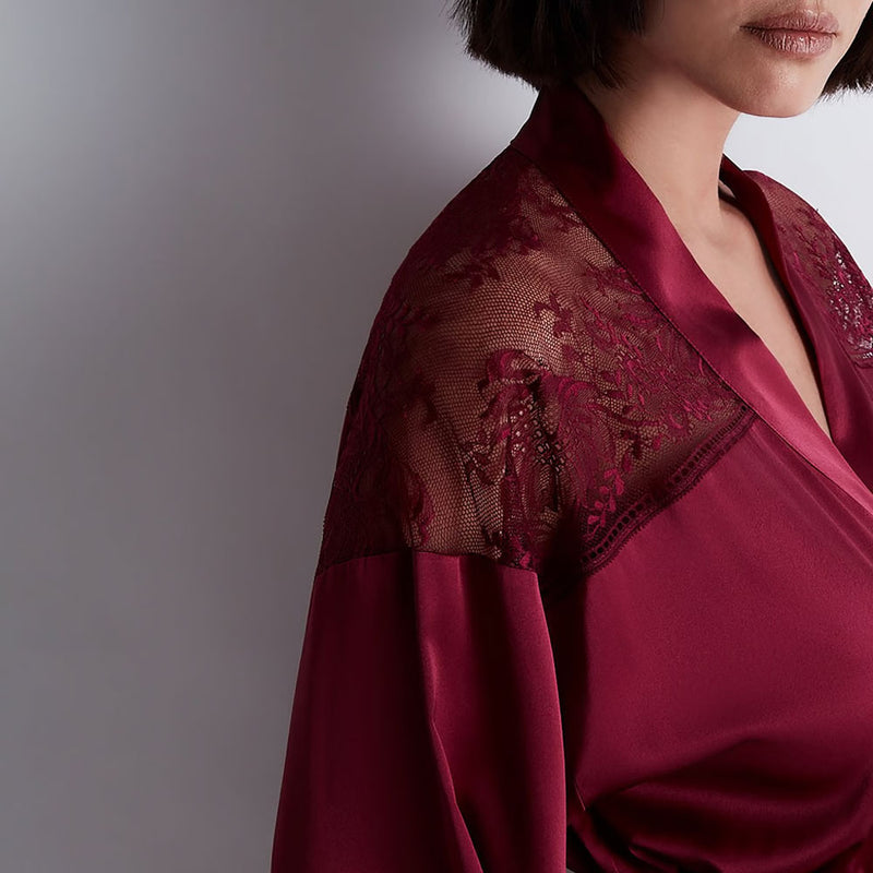 Model wearing 'Midnight Whisper' Crimson Silk Kimono, by Aubade (detail).