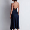 Model wearing 'Midnight Whisper' Midnight Blue Long Silk Nightie, by Aubade (back view).