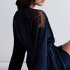 Model wearing 'Midnight Whisper' Midnight Blue Silk Kimono, by Aubade (detail).