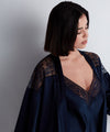 Model wearing 'Midnight Whisper' Midnight Blue Silk Kimono, by Aubade.