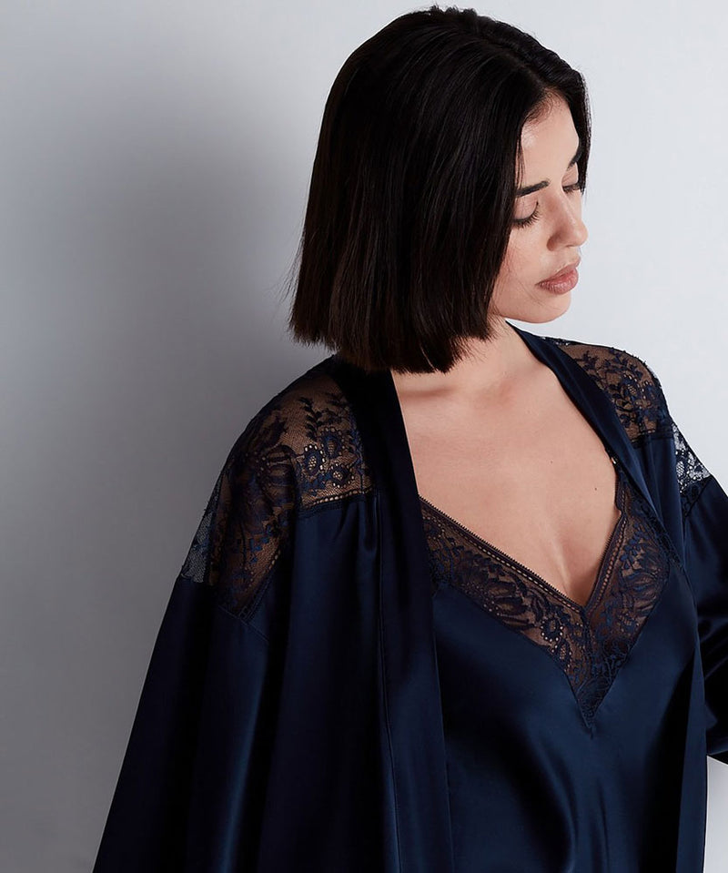 Aubade Midnight Whisper Midnight Blue Silk Kimono Sandra Dee