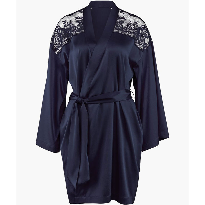 'Midnight Whisper' Midnight Blue Silk Kimono, by Aubade (pack shot, front).