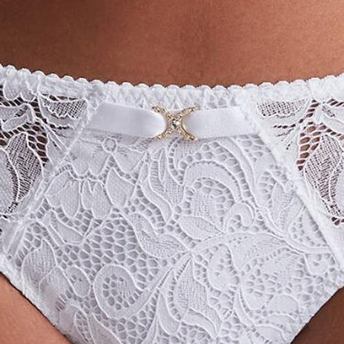 Model wearing 'Mon Bijou' White Brazilian Brief, by Aubade (detail).