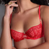 Model wearing 'Rules of Attraction' Red Underwired Half Cup Bra, by Aubade (front view).