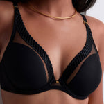 Model wearing 'Sheer Emotion' Black Bralette, by Aubade (front view, close up).