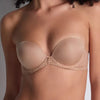 Model wearing 'Sheer Emotion' Sand Moulded Strapless Bra, by Aubade (front view).