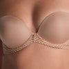 Model wearing 'Sheer Emotion' Sand Moulded Strapless Bra, by Aubade (front view, detail).