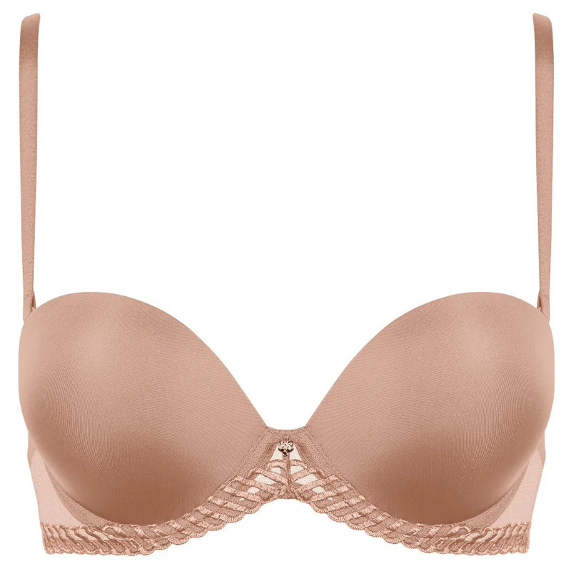 'Sheer Emotion' Sand Moulded Strapless Bra, by Aubade (pack front view).