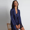 Model wearing 'Toi Mon Amour' Midnight Blue Silk Kimono, by Aubade.