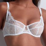 Model wearing 'Vibes' Pearl White Shoulder Full Cup Bra, by Aubade (front view, close-up).