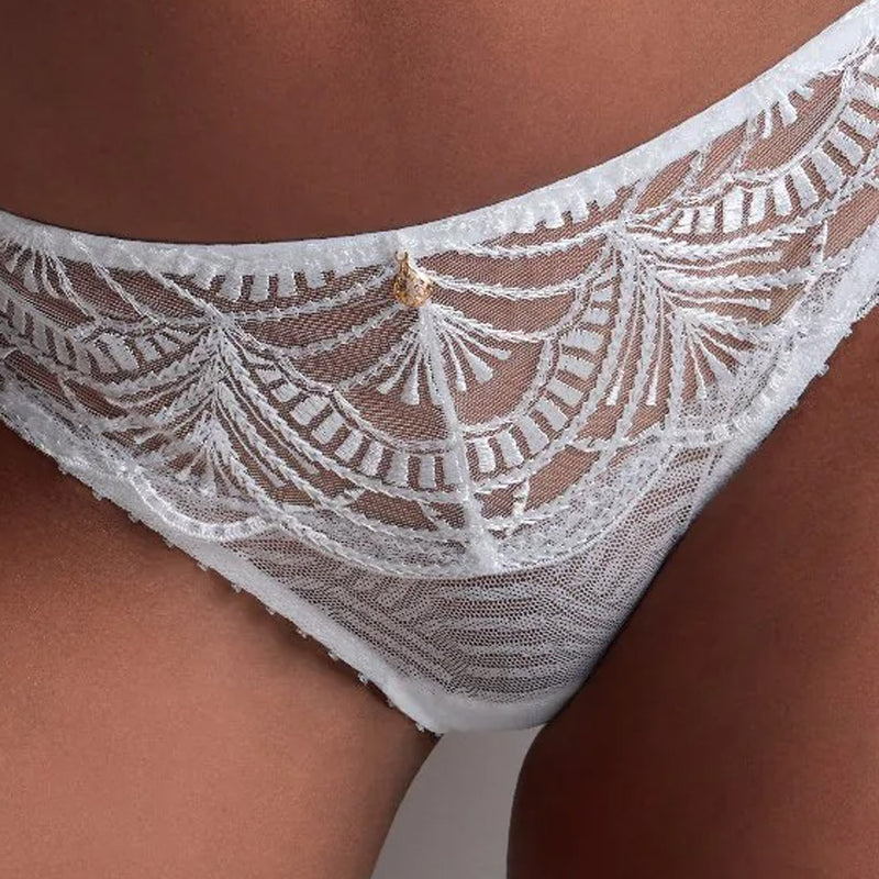 Model wearing 'Vibes' White Tanga, by Aubade (front view, close-up, detail).