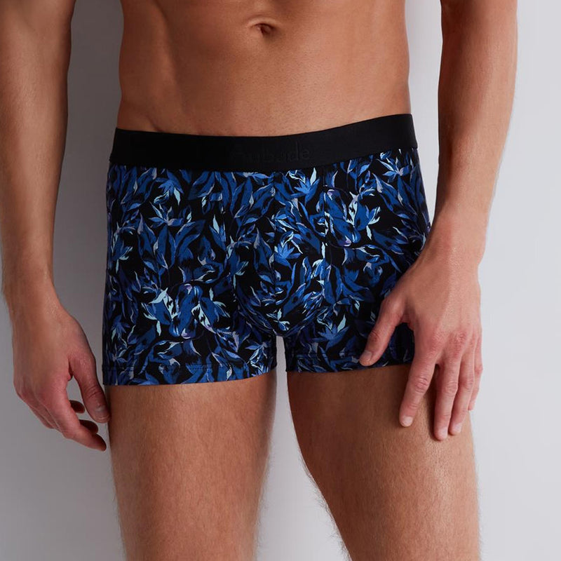 Model wearing 'Blue Flower' Men's Boxer Short, by Aubade (front view, close up).
