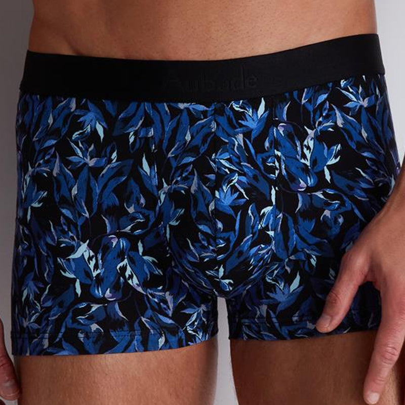 Model wearing 'Blue Flower' Men's Boxer Short, by Aubade (front view, close up detail).