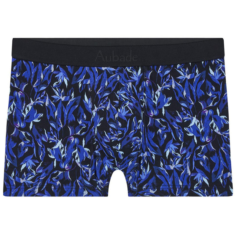 Model wearing 'Blue Flower' Men's Boxer Short, by Aubade (pack shot, front view).