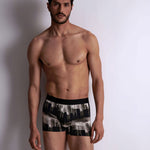 Model wearing 'Buildings' Boxer Short, by Aubade (front view).