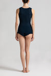 Model wearing Navy Blue Elaborate Tank Top, by Boglietti (back view).