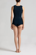 Model wearing Navy Blue Elaborate Tank Top, by Boglietti (back view).