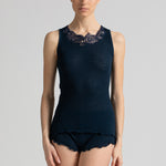 Model wearing Navy Blue Elaborate Tank Top, by Boglietti (front view).