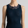 Model wearing Navy Blue Elaborate Tank Top, by Boglietti (front view, close up).