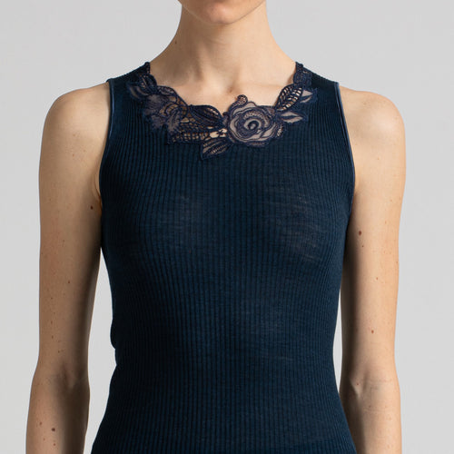 Model wearing Navy Blue Elaborate Tank Top, by Boglietti (front view, close up).