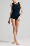 Model wearing Navy Blue Elaborate Tank Top, by Boglietti (front view).