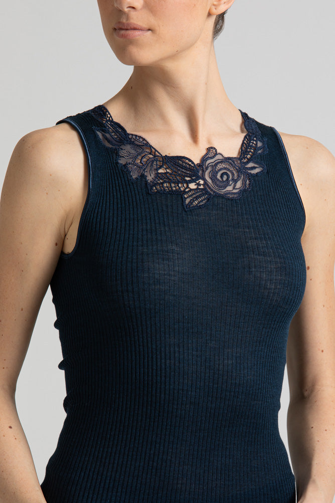 Model wearing Navy Blue Elaborate Tank Top, by Boglietti (front view, close up).