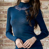Model wearing 'Bella' Navy Blue Wool and Silk Turtleneck, by Boglietti (front view, close up).