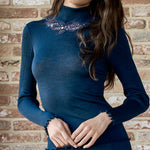 Model wearing 'Bella' Navy Blue Wool and Silk Turtleneck, by Boglietti (front view, close up).