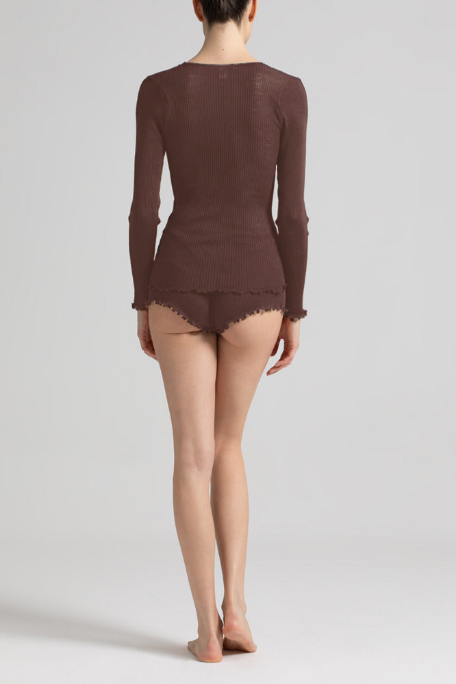 Model wearing 'Bianca' Brown Long-Sleeved Wool and Silk Top, by Boglietti (back view).