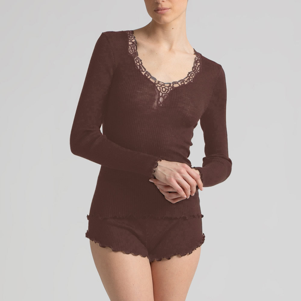 Model wearing 'Bianca' Brown Long-Sleeved Wool and Silk Top, by Boglietti (front view).