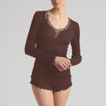 Model wearing 'Bianca' Brown Long-Sleeved Wool and Silk Top, by Boglietti (front view).