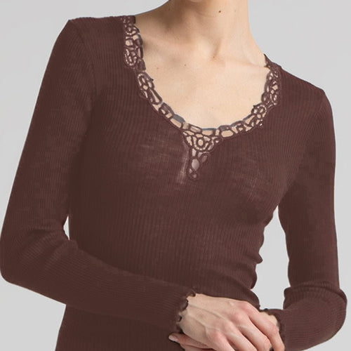 Model wearing 'Bianca' Brown Long-Sleeved Wool and Silk Top, by Boglietti (front view, close up).