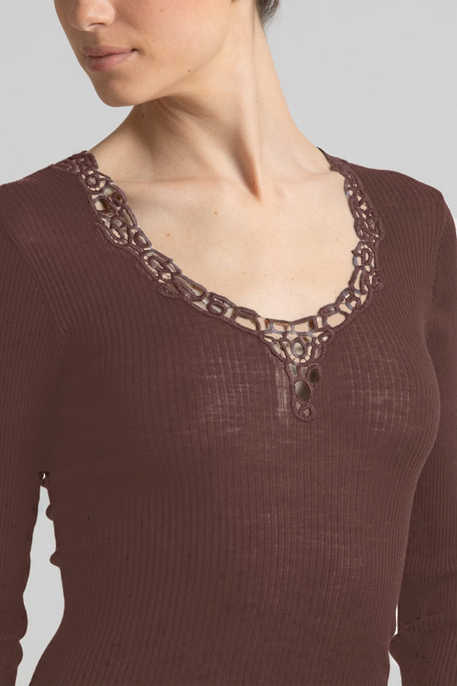 Model wearing 'Bianca' Brown Long-Sleeved Wool and Silk Top, by Boglietti (front view, close up).