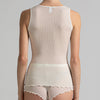 Model wearing 'Basilia' Ivory Warm and Breathable T-Shirt, by Boglietti (back view).