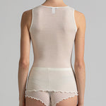 Model wearing 'Basilia' Ivory Warm and Breathable T-Shirt, by Boglietti (back view).