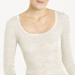 Model wearing 'Orosei' Ivory Long-Sleeved Tank Top, by Boglietti (front view, close up).