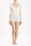 Model wearing 'Orosei' Ivory Long-Sleeved Tank Top, by Boglietti (front view).