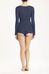 Model wearing 'Orosei' Navy Blue Long-Sleeved Tank Top, by Boglietti (back view).