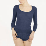Model wearing 'Orosei' Navy Blue Long-Sleeved Tank Top, by Boglietti (front view).