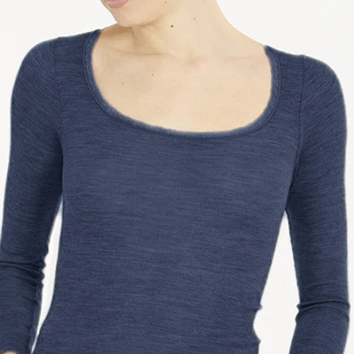 Model wearing 'Orosei' Navy Blue Long-Sleeved Tank Top, by Boglietti (front view, close up).