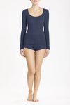 Model wearing 'Orosei' Navy Blue Long-Sleeved Tank Top, by Boglietti (front view).