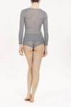 Model wearing 'Orosei' Light Grey Long-Sleeved Top, by Boglietti (back view).