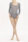Model wearing 'Orosei' Light Grey Long-Sleeved Top, by Boglietti (front view).