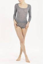 Model wearing 'Orosei' Light Grey Long-Sleeved Top, by Boglietti (front view).