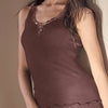 Model wearing 'Bianca' Brown Tank Top, by Boglietti (front view, close up).