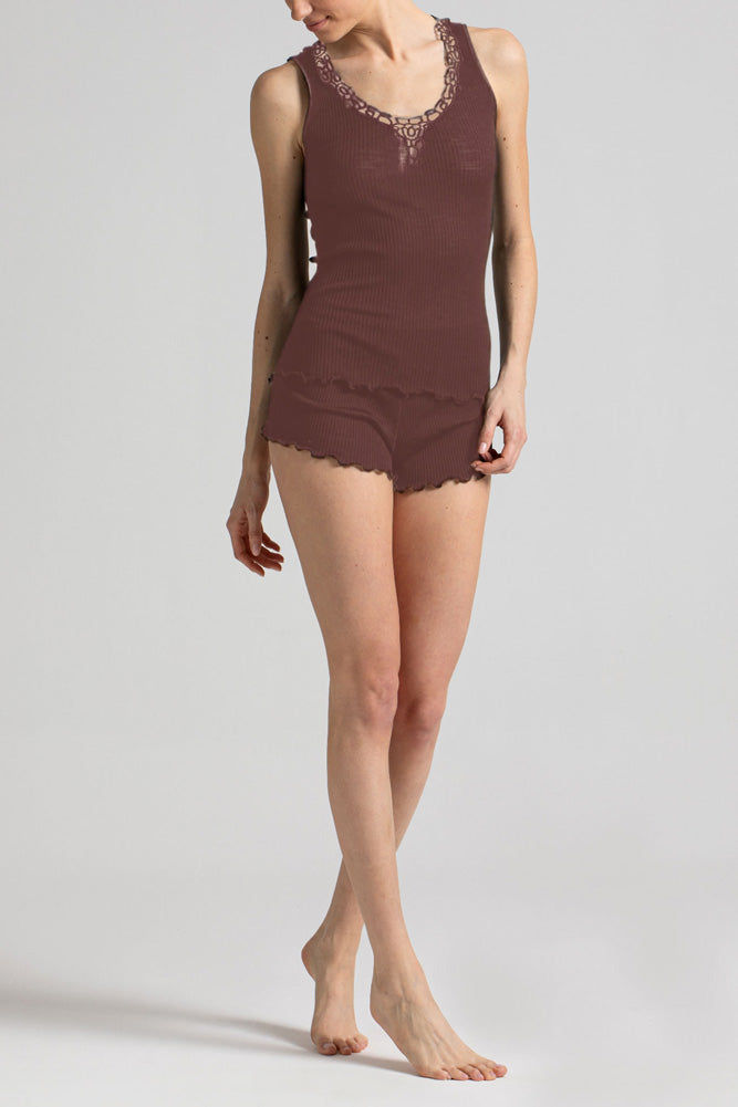 Model wearing 'Bianca' Brown Tank Top, by Boglietti (front view).