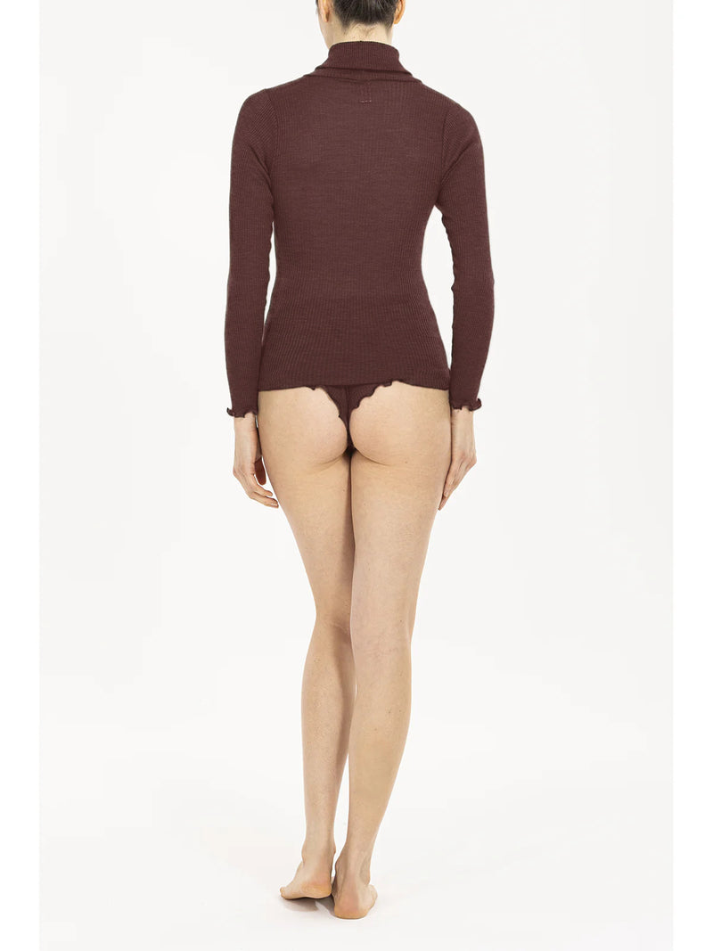 Model wearing 'Star' Brown Long-Sleeved Turtleneck, by Boglietti (back view).