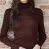 Model wearing 'Star' Brown Long-Sleeved Turtleneck, by Boglietti (front view, close up).
