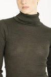 Model wearing Star' Brown Long-Sleeved Turtleneck, by Boglietti (front view, close up).