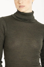 Model wearing Star' Brown Long-Sleeved Turtleneck, by Boglietti (front view, close up).